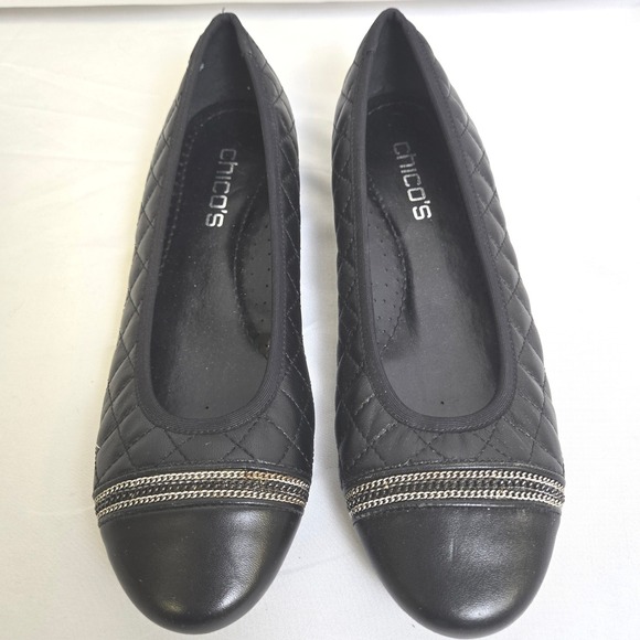 Chico's Shoes - Chico's Quilted Ballet Flats, Silver Tone Chain Accent, Black, Size 9